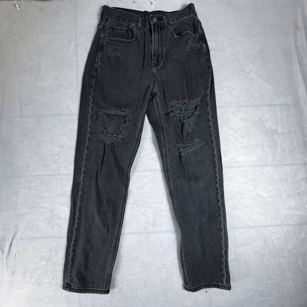 American Eagle Outfitters Womens Distressed Jeans Black Denim Tapered Leg 2 Reg